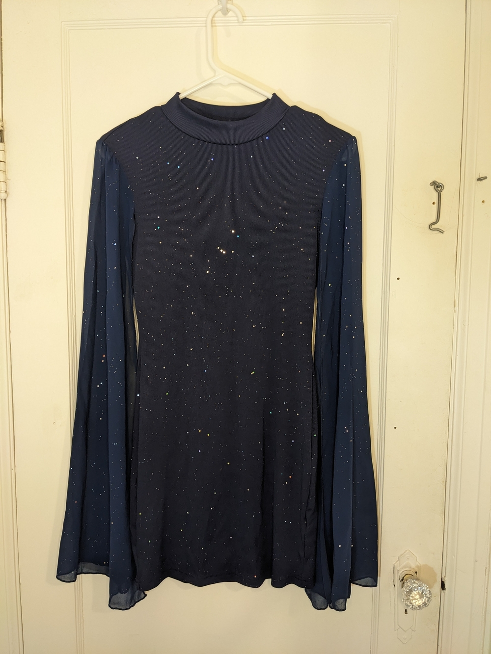 SHEIN Navy Long-Sleeve Glitter Mock Neck Dress With Sheer Sleeves
